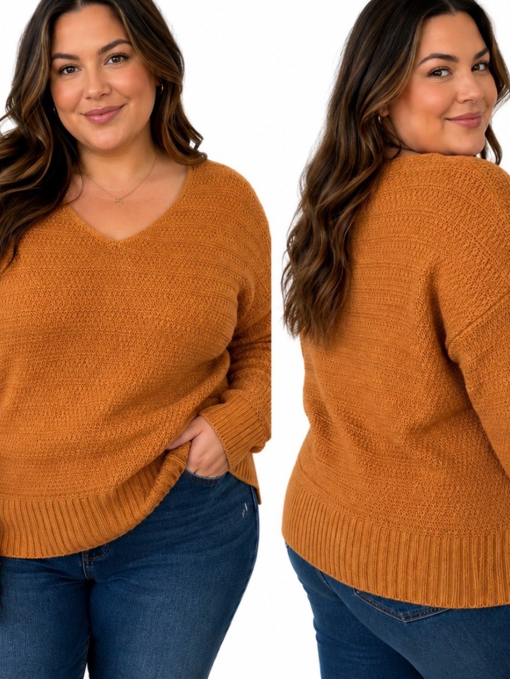 Lucky Brand V-Neck Knit Sweater in Caramel Brown/rust SZ LG loose knit